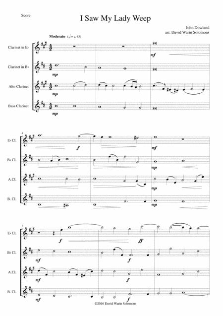 Free Sheet Music I Saw My Lady Weep For Clarinet Quartet E Flat B Flat Alto Bass