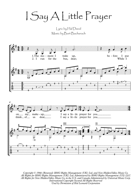 I Say A Little Prayer Acoustic Fingerstyle Guitar Sheet Music