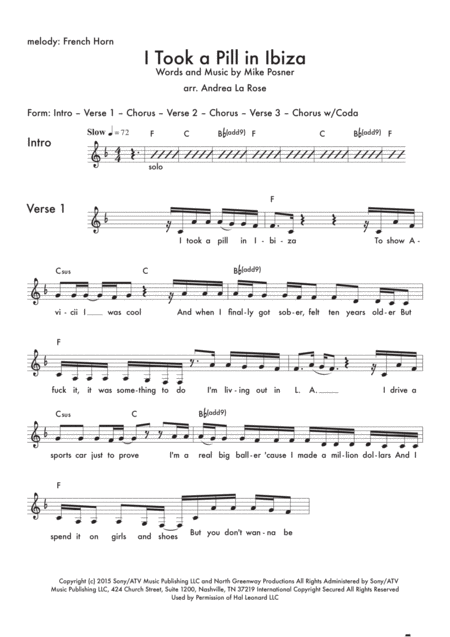 I Took A Pill In Ibiza Lead Sheet French Horn Sheet Music