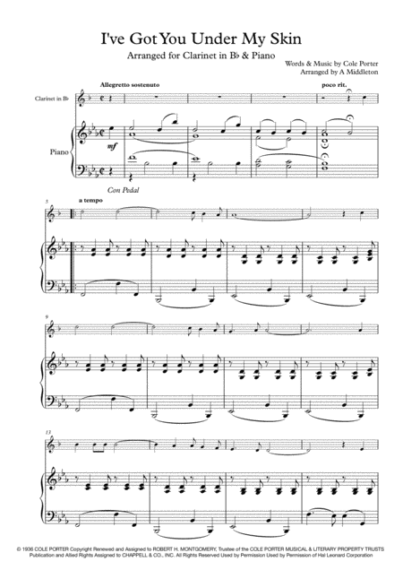 I Ve Got You Under My Skin Arranged For Clarinet And Piano Sheet Music