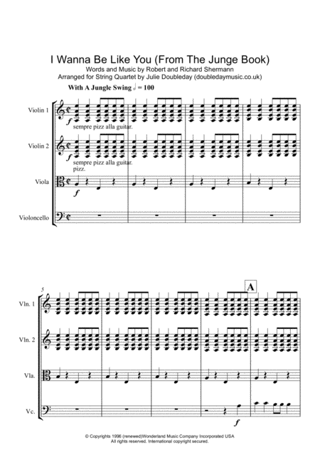 I Wanna Be Like You From The Jungle Book For String Quartet Score And Parts Sheet Music