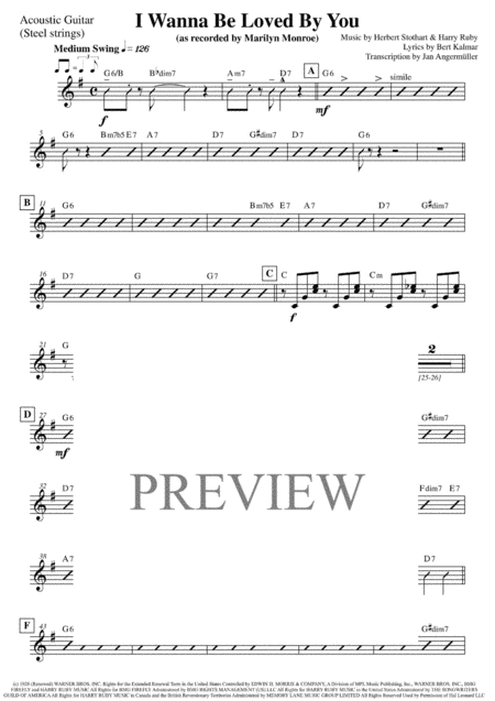 I Wanna Be Loved By You Guitar Transcription Of The Original Marilyn Monroe Recording Sheet Music