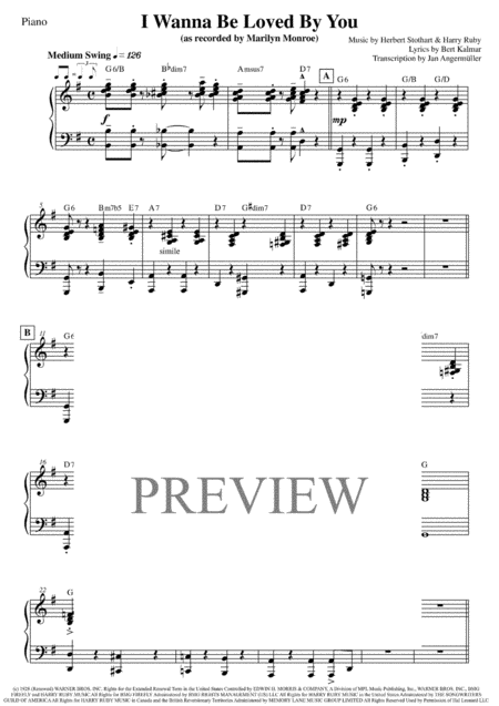 I Wanna Be Loved By You Piano Full Transcription Of The Original Marilyn Monroe Recording Sheet Music