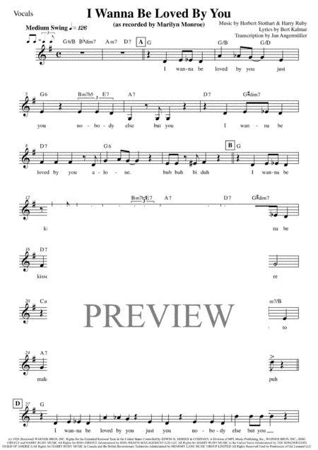 I Wanna Be Loved By You Vocals W Chords Transcription Of The Original Marilyn Monroe Recording Sheet Music