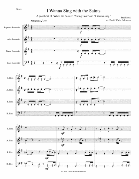 I Wanna Sing With The Saints For Recorder Quartet Sheet Music