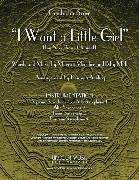 I Want A Little Girl For Saxophone Quartet Satb Or Aatb Sheet Music