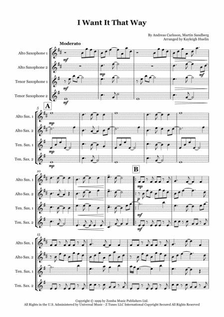 Free Sheet Music I Want It That Way By The Backstreet Boys Saxophone Quartet Aatt