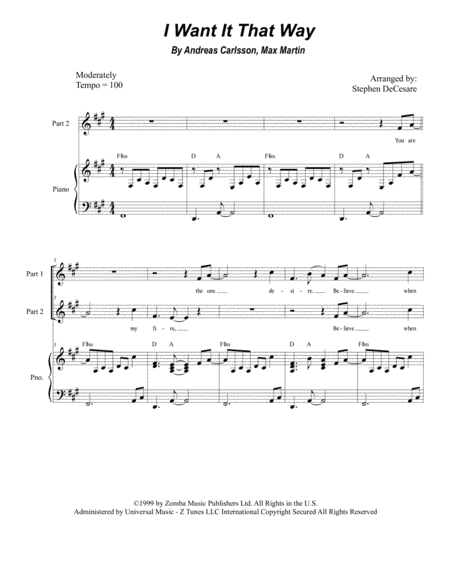 I Want It That Way For 2 Part Choir Sheet Music