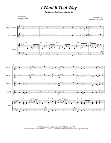 Free Sheet Music I Want It That Way For Clarinet Choir And Piano