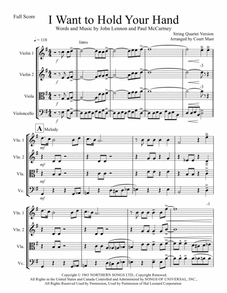 I Want To Hold Your Hand For String Quartet Sheet Music