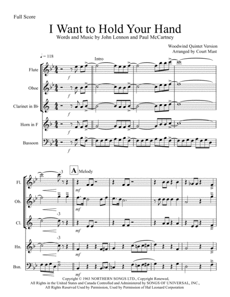 Free Sheet Music I Want To Hold Your Hand Woodwind Quintet