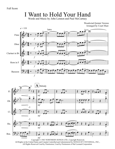 I Want To Hold Your Hand Woodwind Quintet Sheet Music