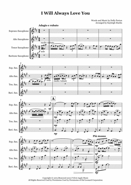 I Will Always Love You By Whitney Houston Saxophone Quartet Satb Sheet Music