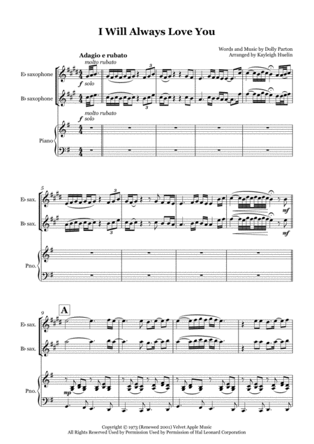 I Will Always Love You By Whitney Houston Solo Saxophone In Eb Bb With Piano Sheet Music