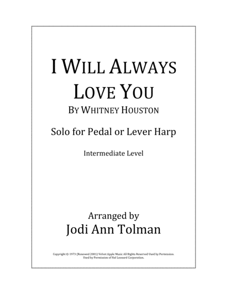 Free Sheet Music I Will Always Love You Harp Solo
