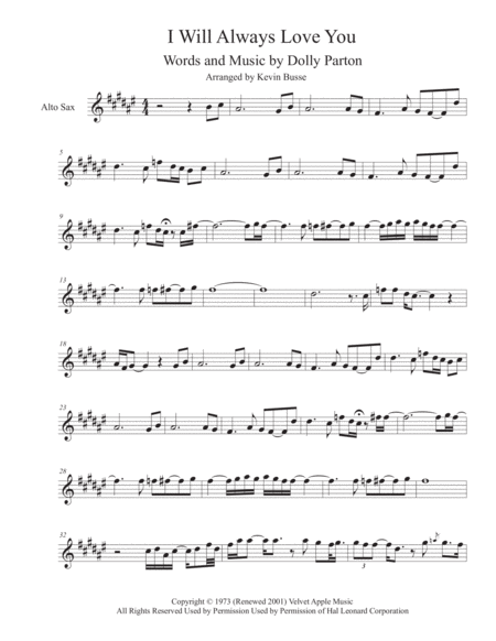 I Will Always Love You Sax Solo Included Alto Sax Sheet Music