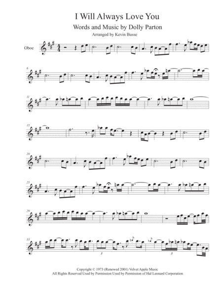 I Will Always Love You Sax Solo Included Oboe Sheet Music