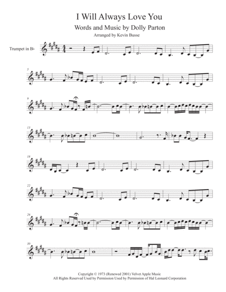 I Will Always Love You Sax Solo Included Trumpet Sheet Music