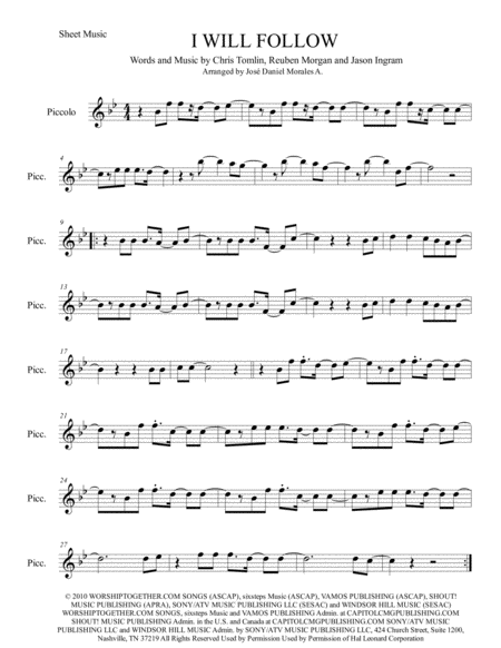 Free Sheet Music I Will Follow For Piccolo