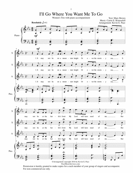 I Will Go Where You Want Me To Go Ssa Vocal Trio With Piano Accompaniment Sheet Music