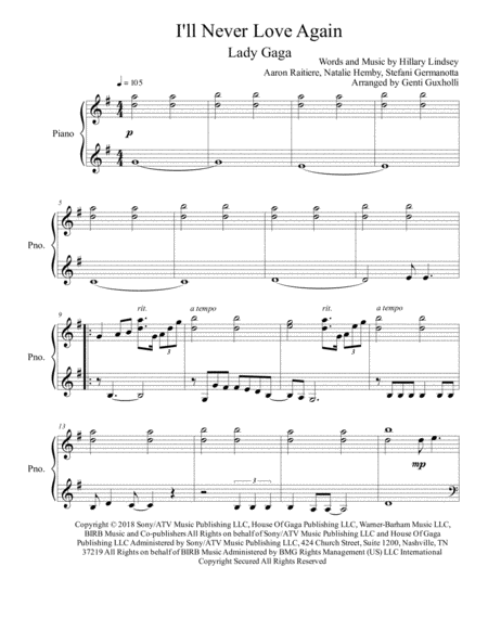 I Will Never Love Again Piano Solo Sheet Music