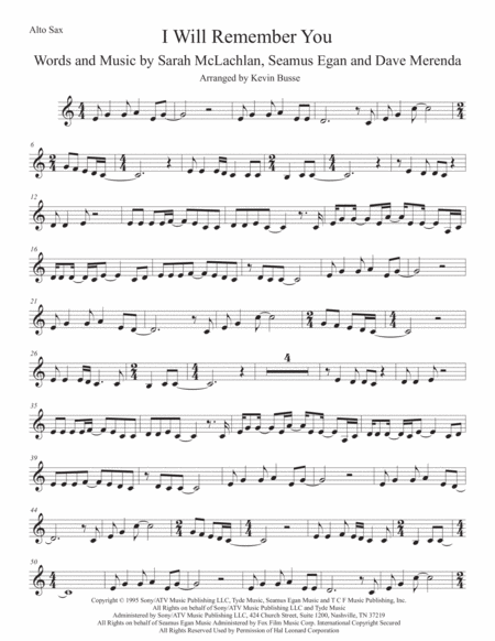 I Will Remember You Alto Sax Easy Key Of C Sheet Music