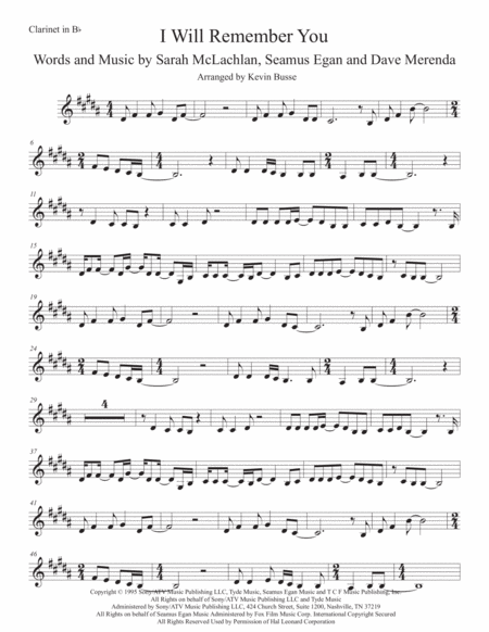 Free Sheet Music I Will Remember You Clarinet Original Key