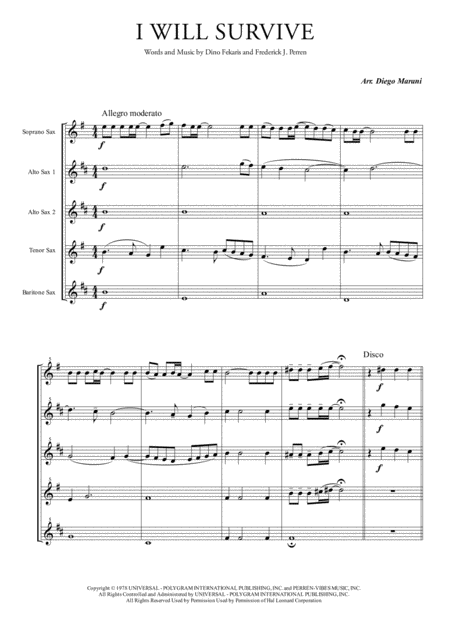 Free Sheet Music I Will Survive For Saxophone Quintet