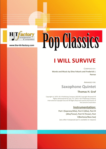 I Will Survive Gloria Gaynor Ballad Disco Saxophone Quintet Sheet Music