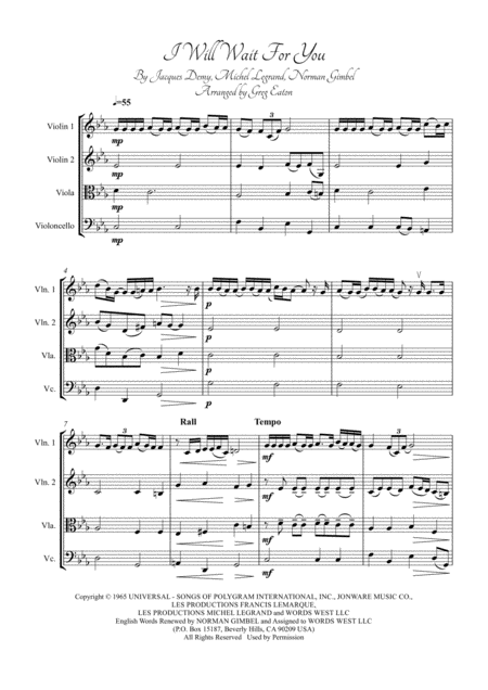 I Will Wait For You Arranged For String Quartet By Greg Eaton Score And Parts Perfect For Gigging Quartets Sheet Music