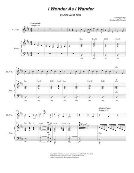 Free Sheet Music I Wonder As I Wander For Flute Or Violin Solo And Piano