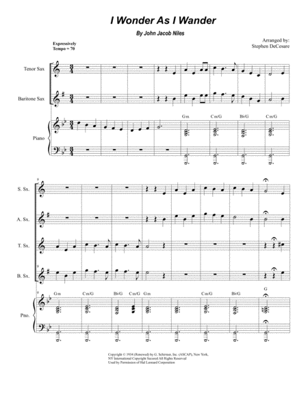 I Wonder As I Wander For Saxophone Quartet Sheet Music