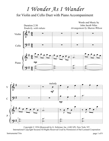 Free Sheet Music I Wonder As I Wander For Violin And Cello Duet With Piano Accompaniment