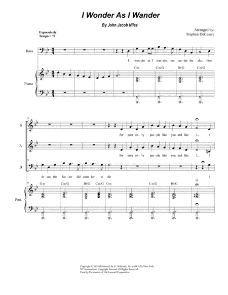 Free Sheet Music I Wonder As I Wander For Vocal Trio Sab