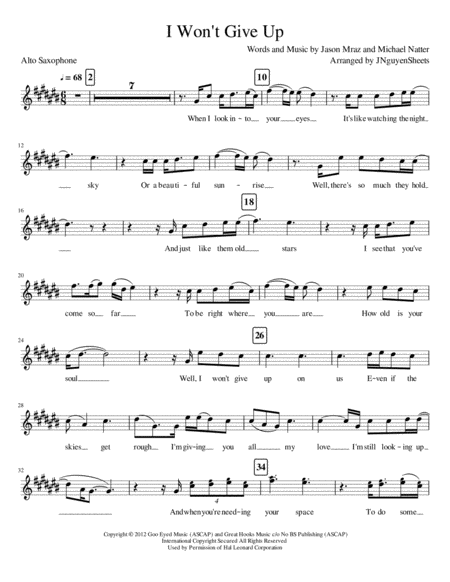 I Wont Give Up Alto Sax Sheet Music