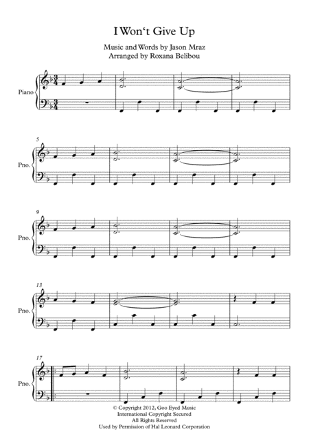 Free Sheet Music I Wont Give Up F Major By Jason Mraz Piano