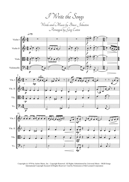 I Write The Songs Arranged For String Quartet By Greg Eaton Score And Parts Perfect For Gigging Quartets Sheet Music