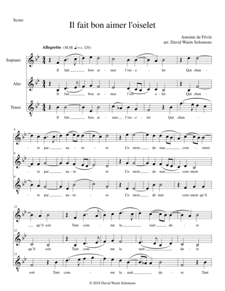 Free Sheet Music Il Fait Bon Aimer L Oiselet For Soprano Alto Tenor In B Flat