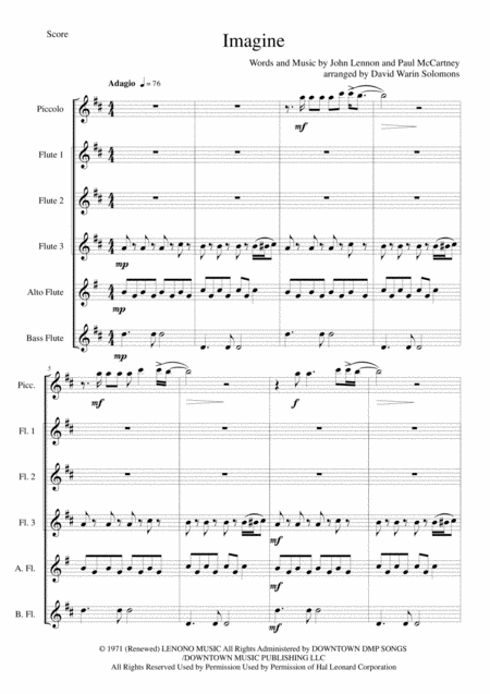 Imagine By John Lennon Arranged For Flute Sextet Or Flute Choir With Piccolo Sheet Music