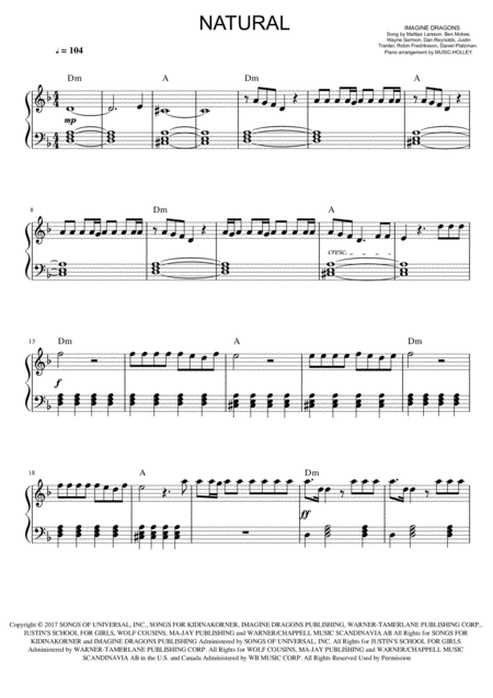 Imagine Dragons Natural Easy Piano Sheet Music