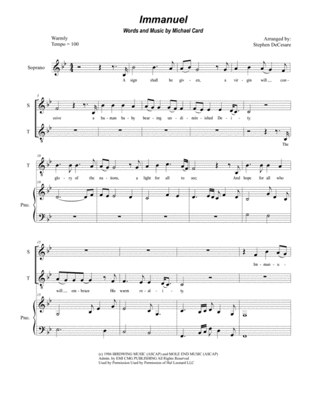 Free Sheet Music Immanuel For 2 Part Choir Sop Ten