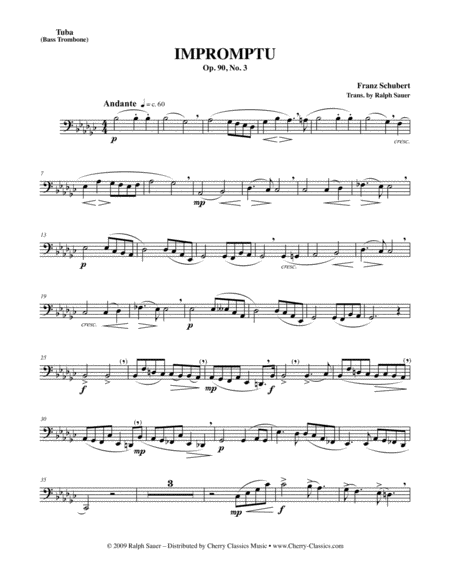 Impromptu Opus 90 No 3 For Tuba Or Bass Trombone Piano Sheet Music