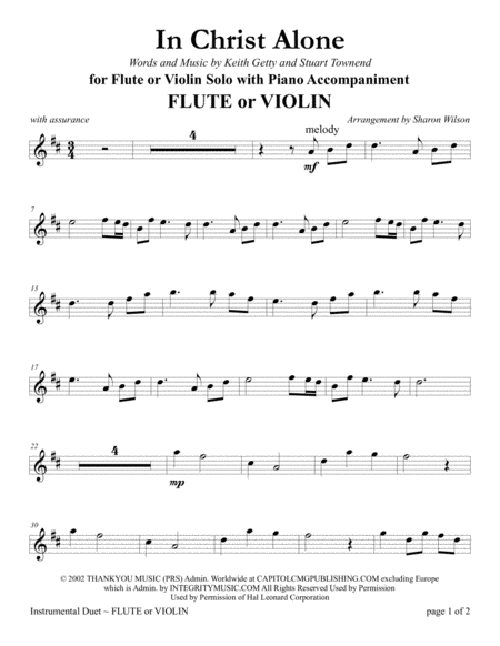 Free Sheet Music In Christ Alone For Flute Or Violin Solo With Piano Accompaniment