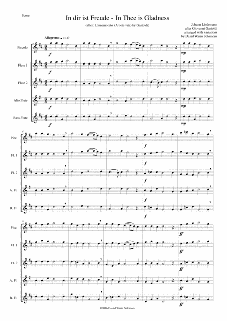 Free Sheet Music In Dir Ist Freude In Thee Is Gladness For Flute Quintet Piccolo 2 Flutes Alto Flute Bass Flute