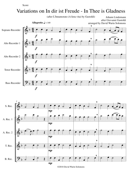 In Dir Ist Freude In Thee Is Gladness For Recorder Quintet Soprano 2 Altos Tenor Bass Sheet Music