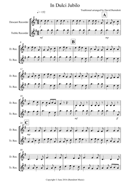 Free Sheet Music In Dulci Jubilo For Recorder Duet