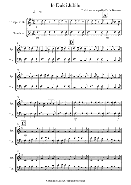 In Dulci Jubilo For Trumpet And Trombone Duet Sheet Music