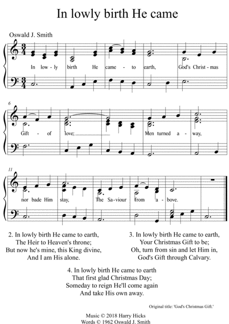 In Lowly Birth He Came A New Tune To A Wonderful Oswald Smith Poem Sheet Music