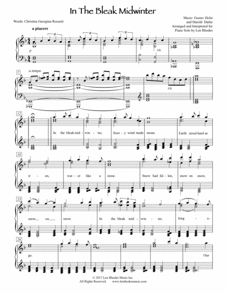 In The Bleak Midwinter A Contemporary Piano Solo For Christmas Sheet Music