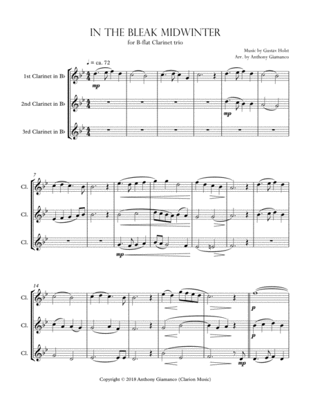 In The Bleak Midwinter For B Flat Clarinet Trio 2018 Holiday Contest Entry Sheet Music